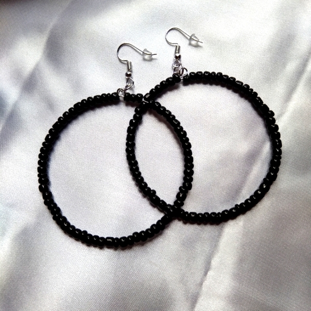 Black Seed bead hoop earrings 2.5 inch large Beaded hoops handmade